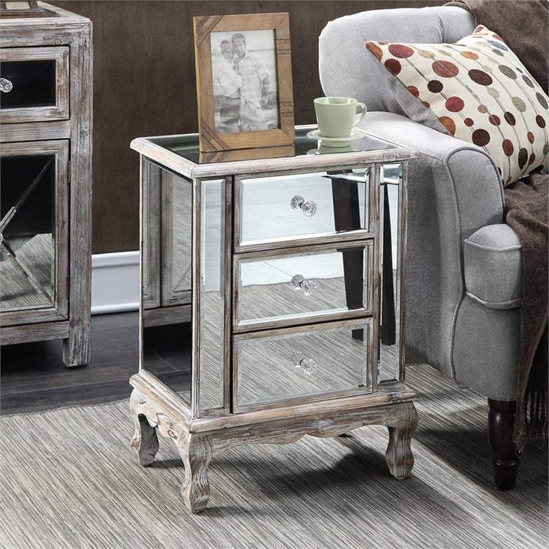 Gold Coast Vineyard Three-Drawer End Table in Mirrored Glass and Silver Wood