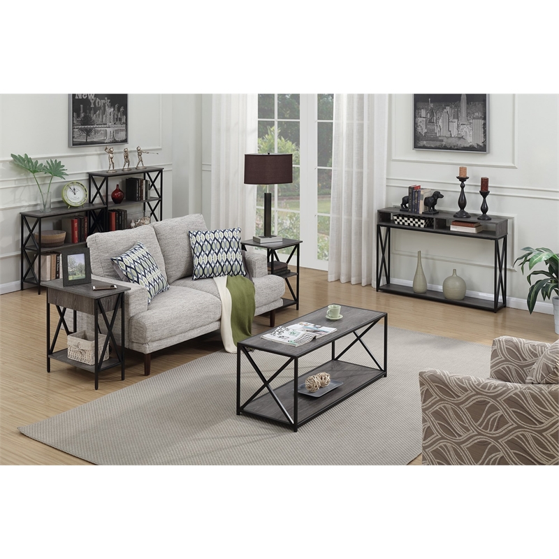 Tucson Wedge End Table in Weathered Gray Wood and Black Metal Frame