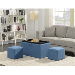 designs4comfort sheridan storage bench with two side ottomans in blue fabric