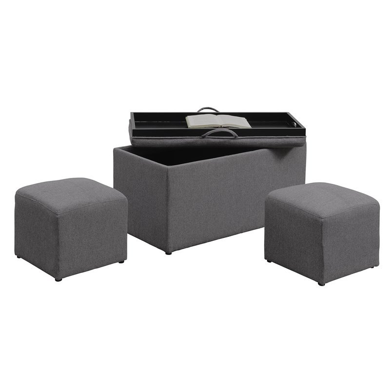 Designs4Comfort Sheridan Storage Bench with Two Ottomans in Gray Fabric