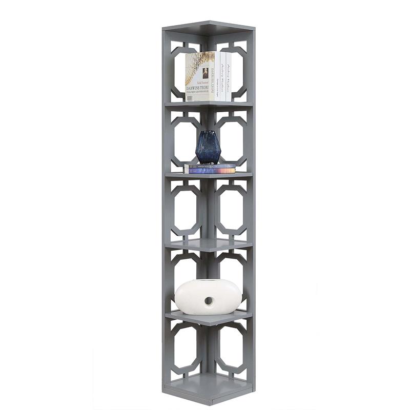 Convenience Concepts Omega Five-Tier Corner Bookcase in Gray Wood Finish