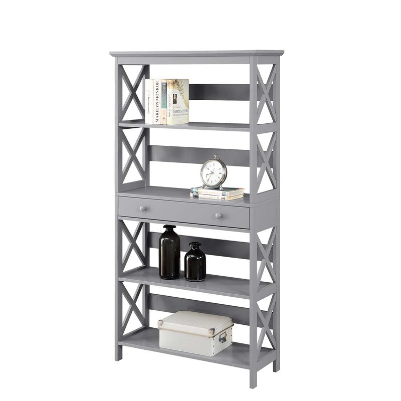 Convenience Concepts Oxford Five-Tier Bookcase with Drawer in Gray Wood Finish
