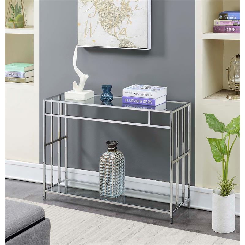 Convenience Concepts Mission Console Table in Mirrored Glass and Chrome Frame
