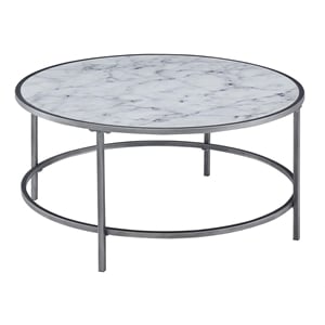 Convenience Concepts Gold Coast Faux Marble Round Coffee Table in White Wood