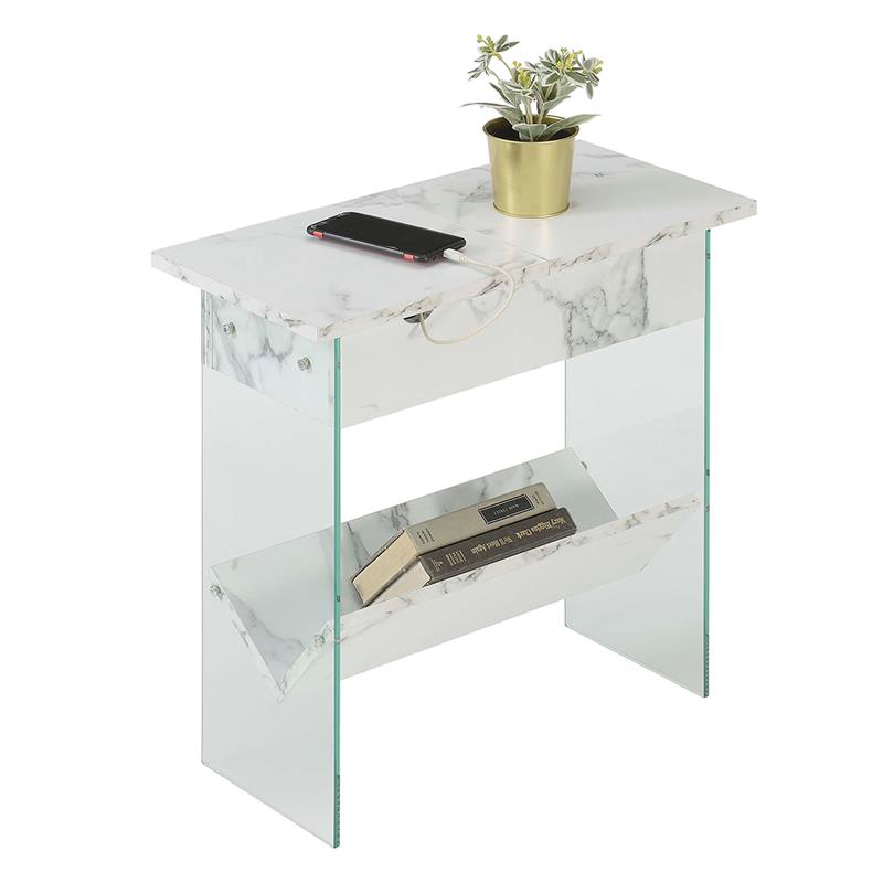 SoHo Electric Flip Top End Table in White Faux Marble Wood Finish w