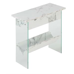 SoHo Electric Flip Top End Table in White Faux Marble Wood Finish w/ Clear Glass