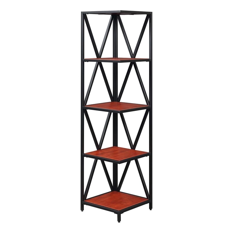 Convenience Concepts Tucson Black Metal Five-Tier Corner Bookcase in Cherry Wood