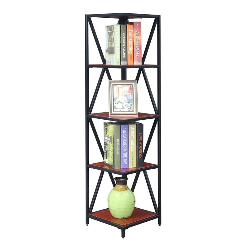 Convenience Concepts Tucson Black Metal Five-Tier Corner Bookcase in Cherry Wood