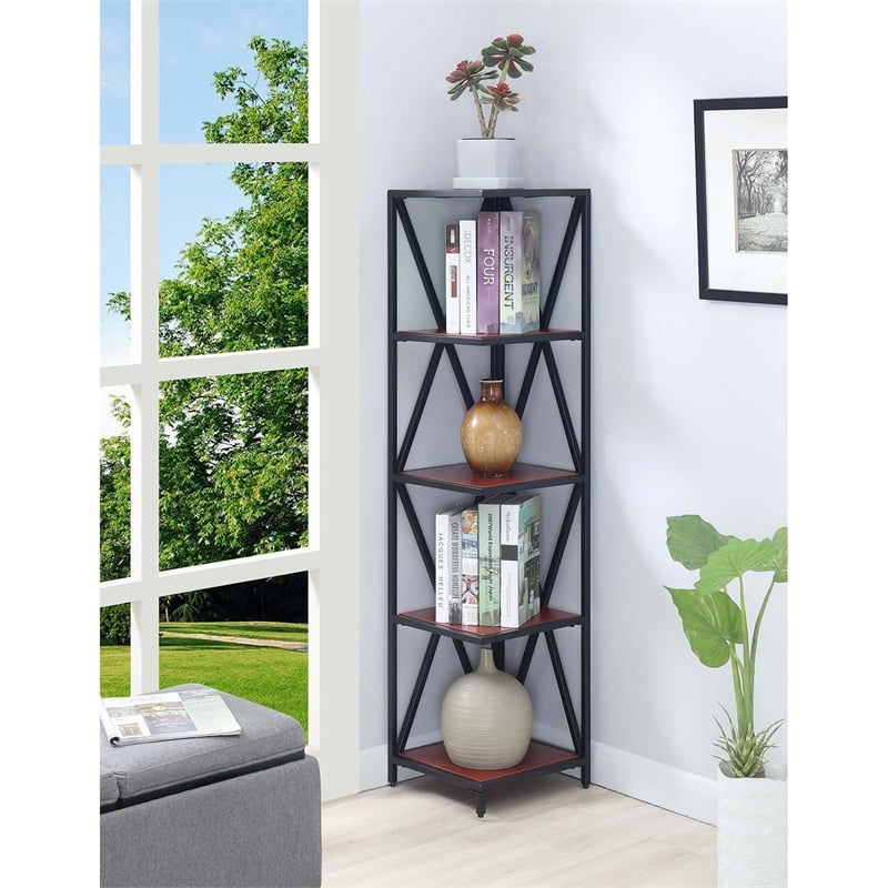 Convenience Concepts Tucson Black Metal Five-Tier Corner Bookcase in Cherry Wood
