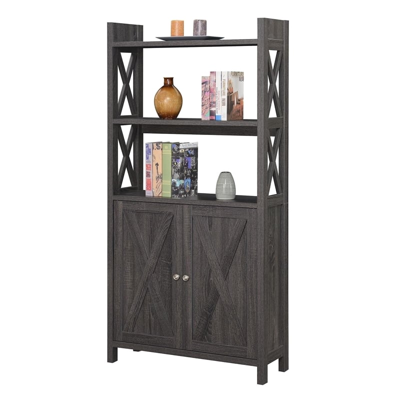 Convenience Concepts Tucson Black Metal Five-Tier Corner Bookcase in Cherry Wood