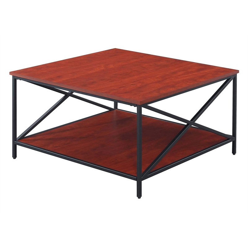 Convenience Concepts Tucson Black Metal Square Coffee Table in Cherry Wood