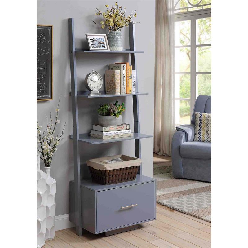 American Heritage Ladder Bookcase with File Drawer in Gray Wood Finish