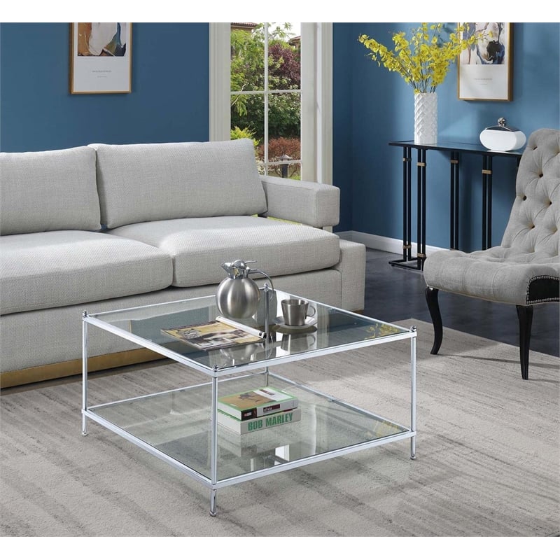 Royal Crest Square Coffee Table in Clear Glass with Chrome Metal Frame