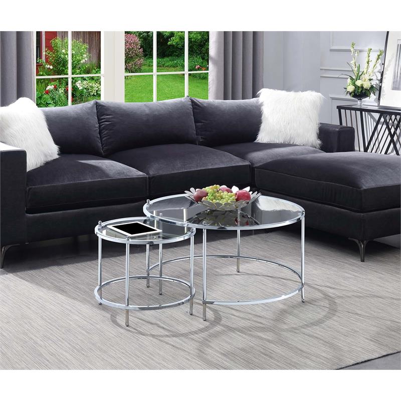 Royal Crest Nesting Round Coffee Table in Clear Glass and Chrome Metal Frame