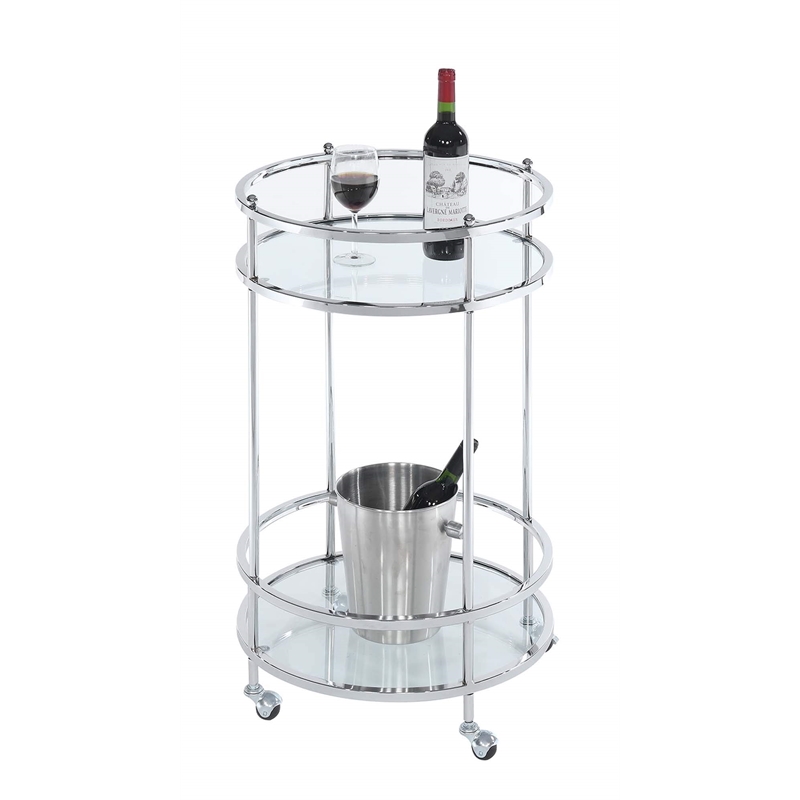 Royal Crest Bar Cart With Wheels in Clear Glass and Chrome Metal Frame