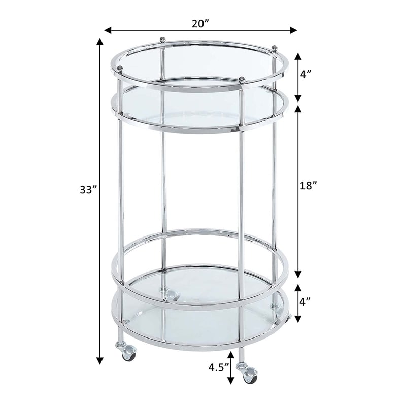 Royal Crest Bar Cart With Wheels in Clear Glass and Chrome Metal Frame