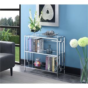 town square three-tier bookcase in clear glass and chrome metal frame