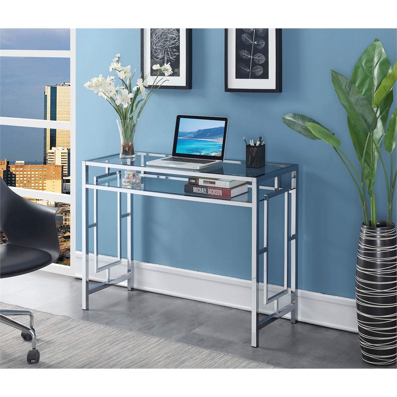 Convenience Concepts Town Square Desk With Shelf in Clear Glass and Chrome Frame