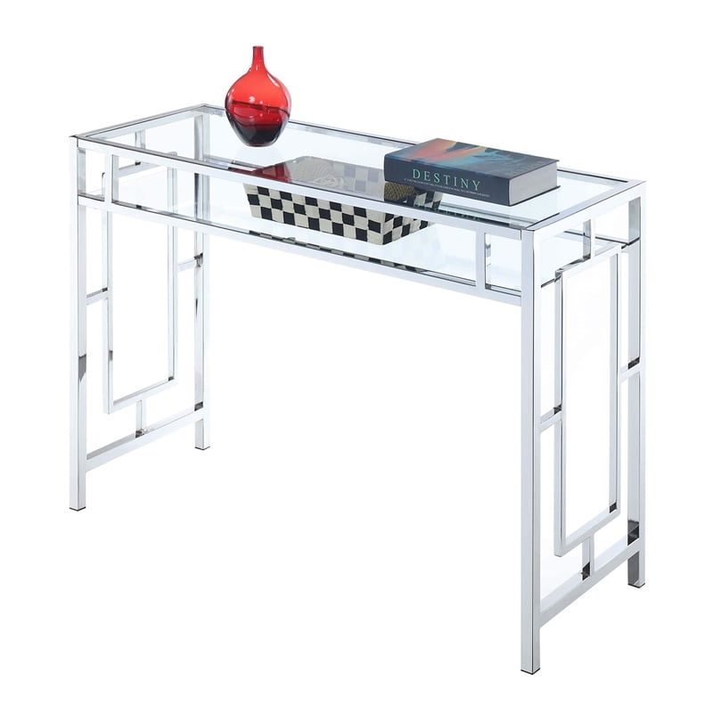 Convenience Concepts Town Square Desk With Shelf in Clear Glass and Chrome Frame