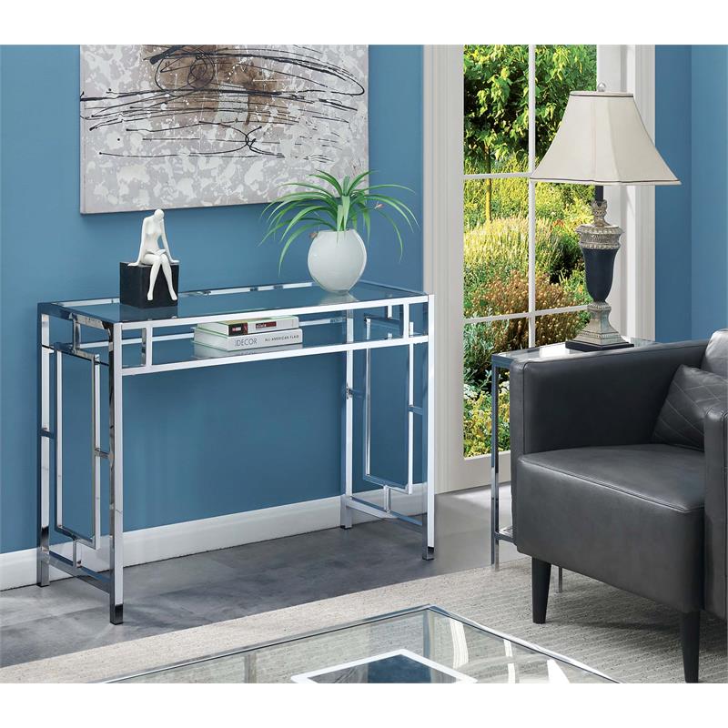Convenience Concepts Town Square Chrome Desk With Shelf Chrome Frame Clear Glass 