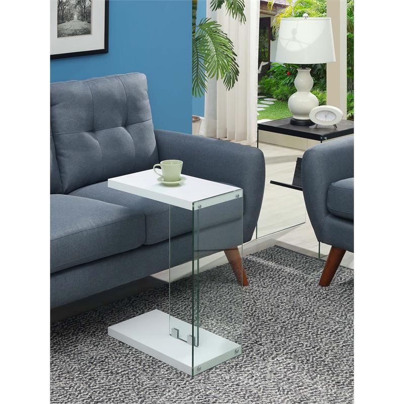 Convenience Concepts SoHo C End Table in White Wood Finish with Clear Glass