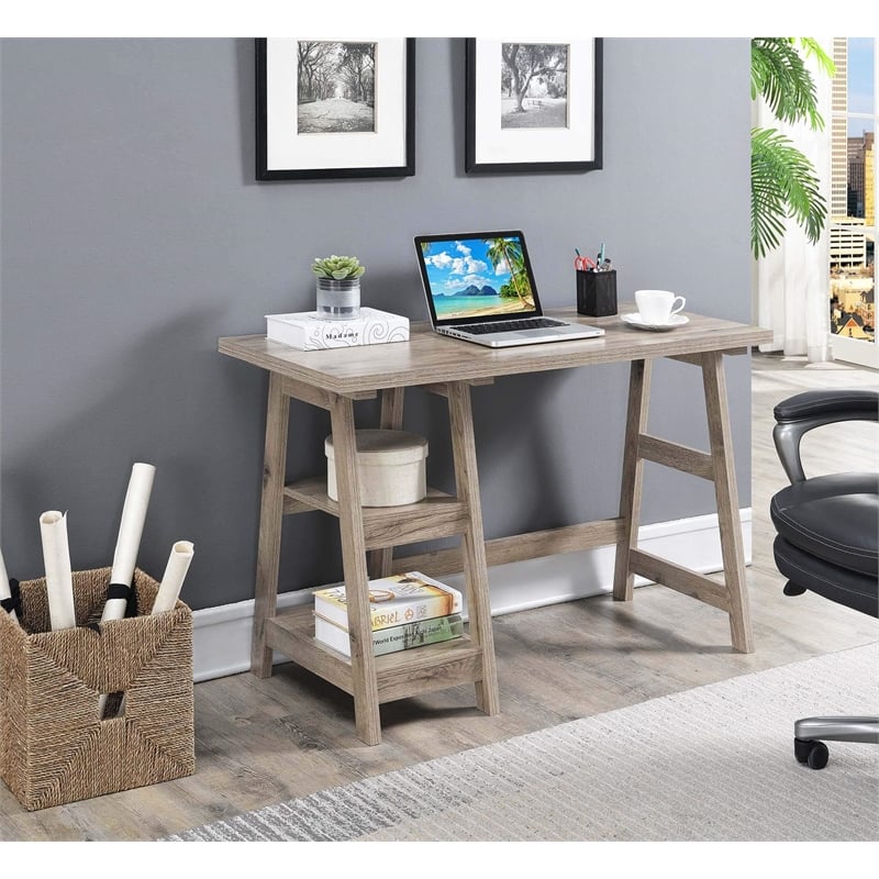 Convenience Concepts Designs2Go Trestle Desk in Driftwood Wood Finish