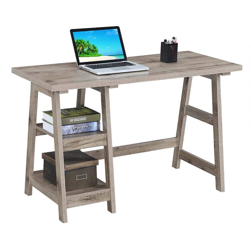 Convenience Concepts Designs2Go Trestle Desk in Driftwood Wood Finish