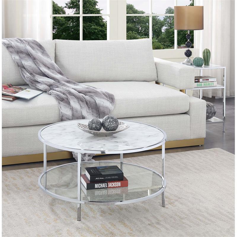 Convenience Concepts Gold Coast Carrara Round Coffee Table in White