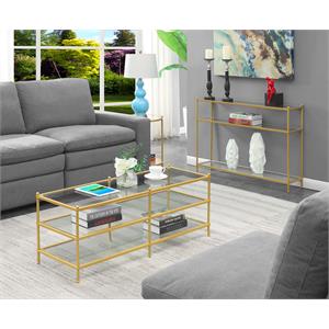 royal crest three-tier gold metal coffee table with clear glass shelves