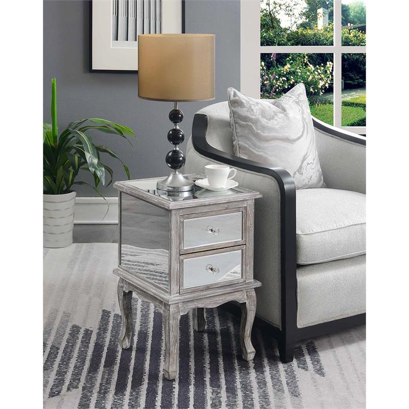 Gold Coast Victoria Mirrored Glass End Table In Gray Wood Finish With Drawers 413535wgy