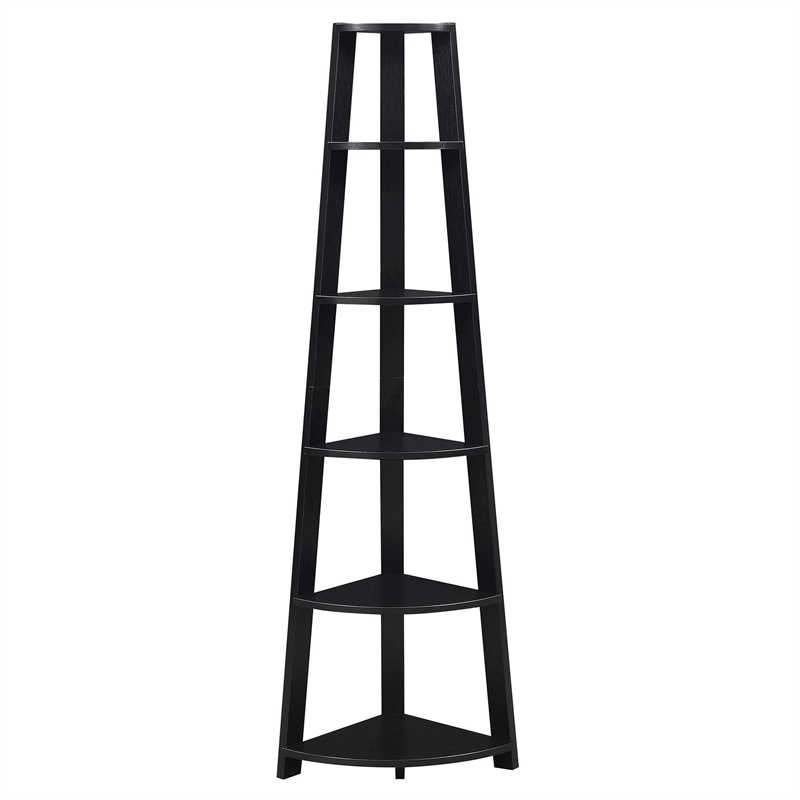 Convenience Concepts Newport Five-Tier Corner Bookcase in Black Wood Finish