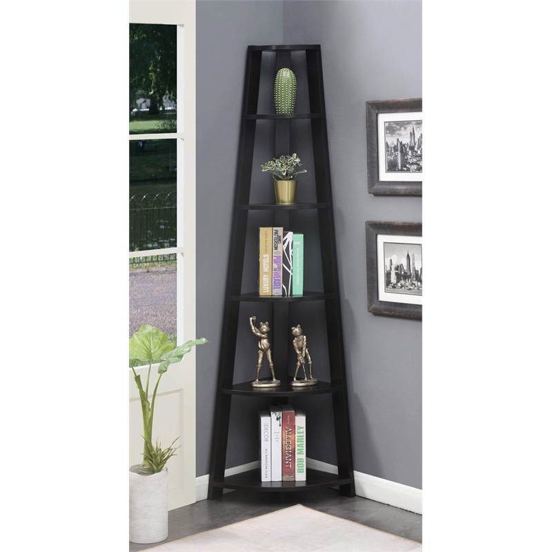 Convenience Concepts Newport Five-Tier Corner Bookcase in Black Wood Finish