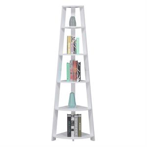 convenience concepts newport five-tier corner bookcase in white wood finish