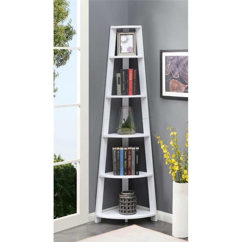 Convenience Concepts Newport Five-Tier Corner Bookcase in White Wood Finish