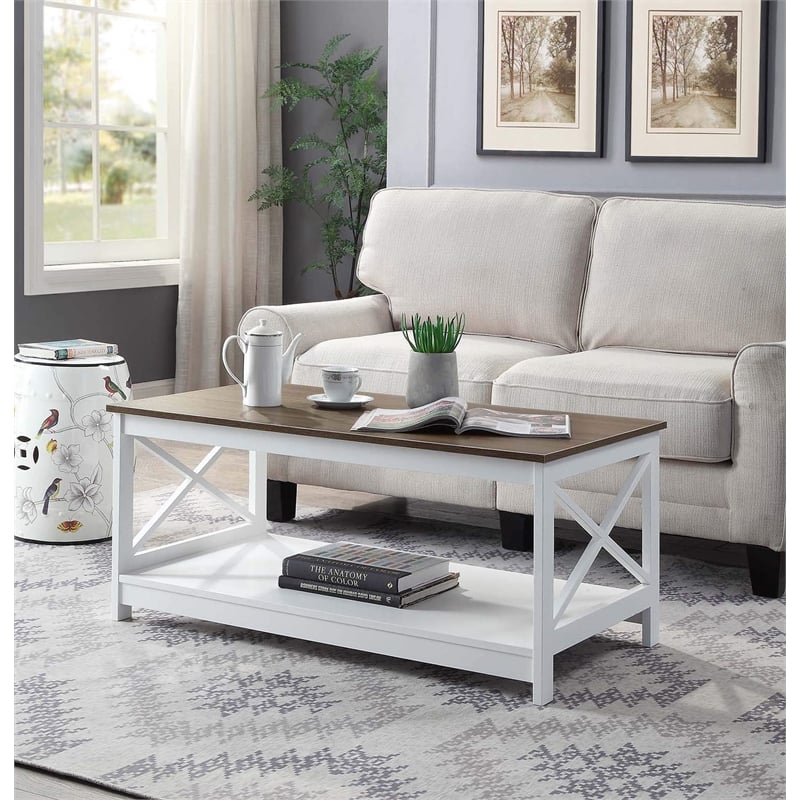 Oxford Coffee Table with Shelf In White/Driftwood Brown Wood Finish