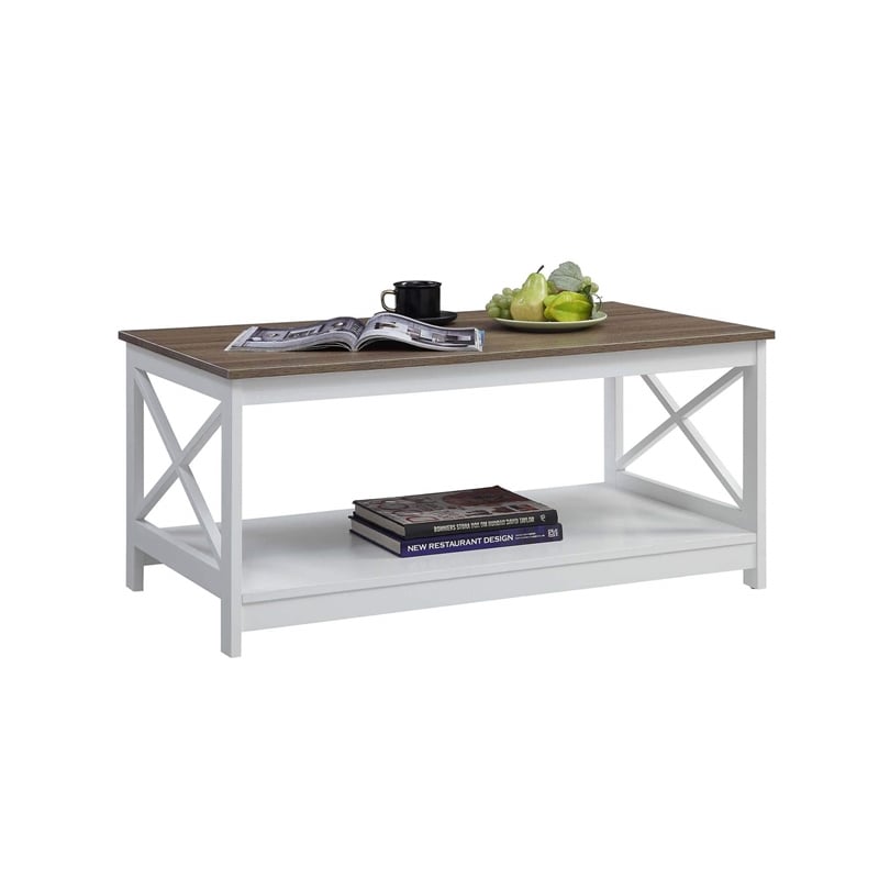 Oxford Coffee Table with Shelf In White/Driftwood Brown Wood Finish
