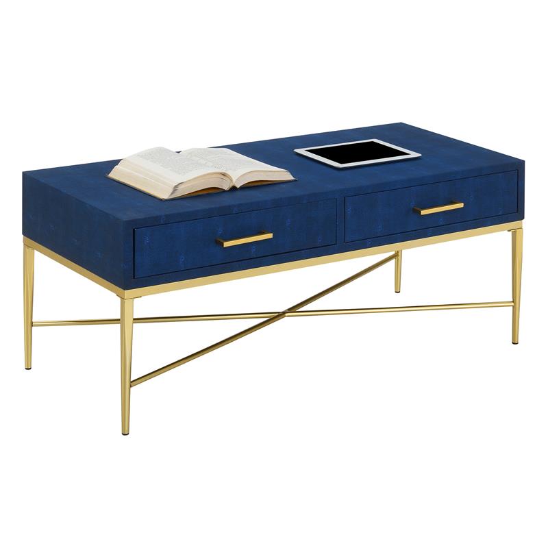 Convenience Concepts Ashley Coffee Table in Blue Faux Leather/Gold Wood Finish 