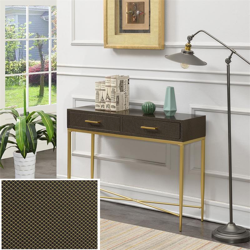 Convenience Concepts Ashley Console Table in Black Scallop/Gold Wood
