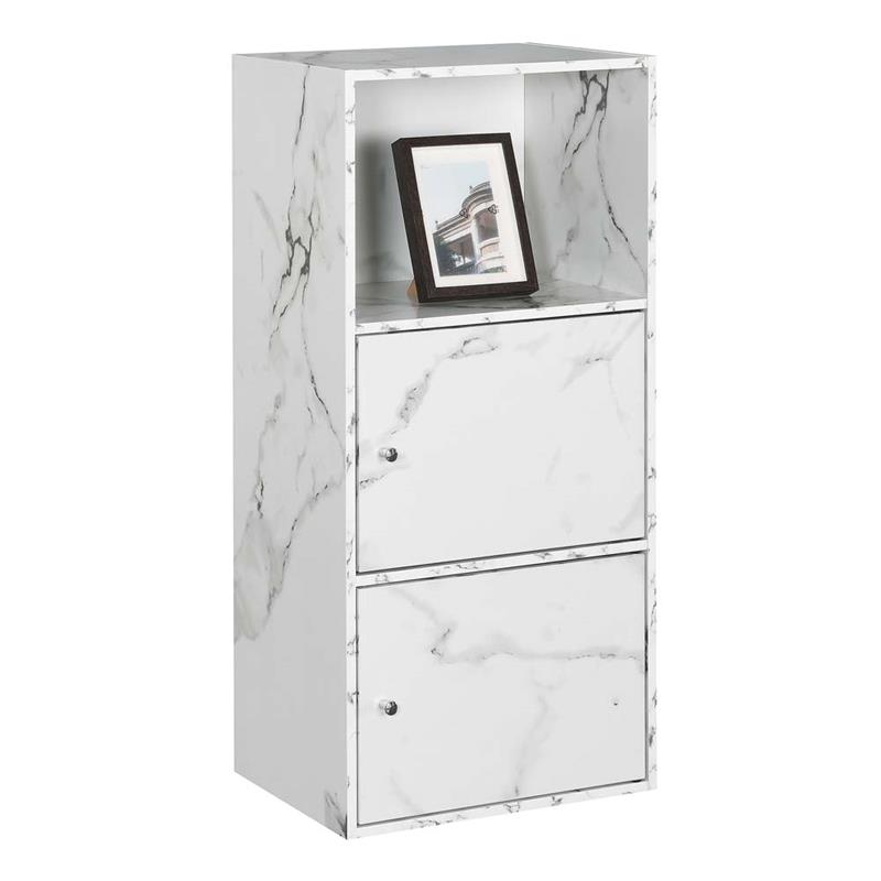 Xtra Storage 2 Door Cabinet in White Faux Marble Wood Finish