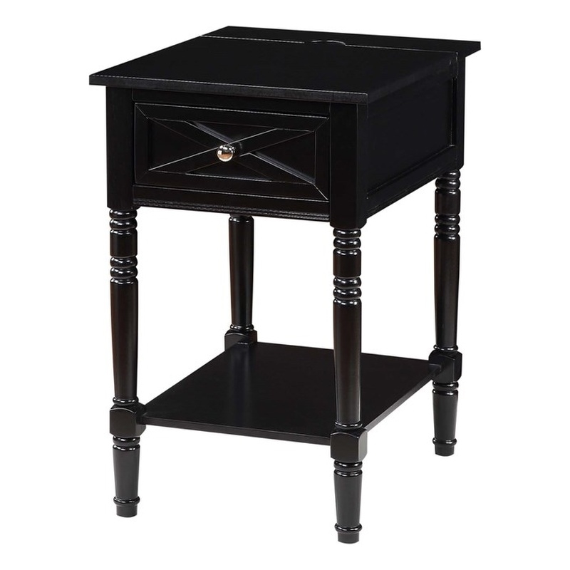 Country Oxford Square End Table with Charging Station in Black Wood Finish