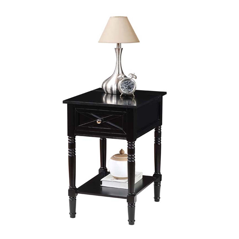 Country Oxford Square End Table with Charging Station in Black Wood Finish