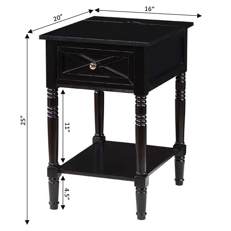 Country Oxford Square End Table with Charging Station in Black Wood Finish