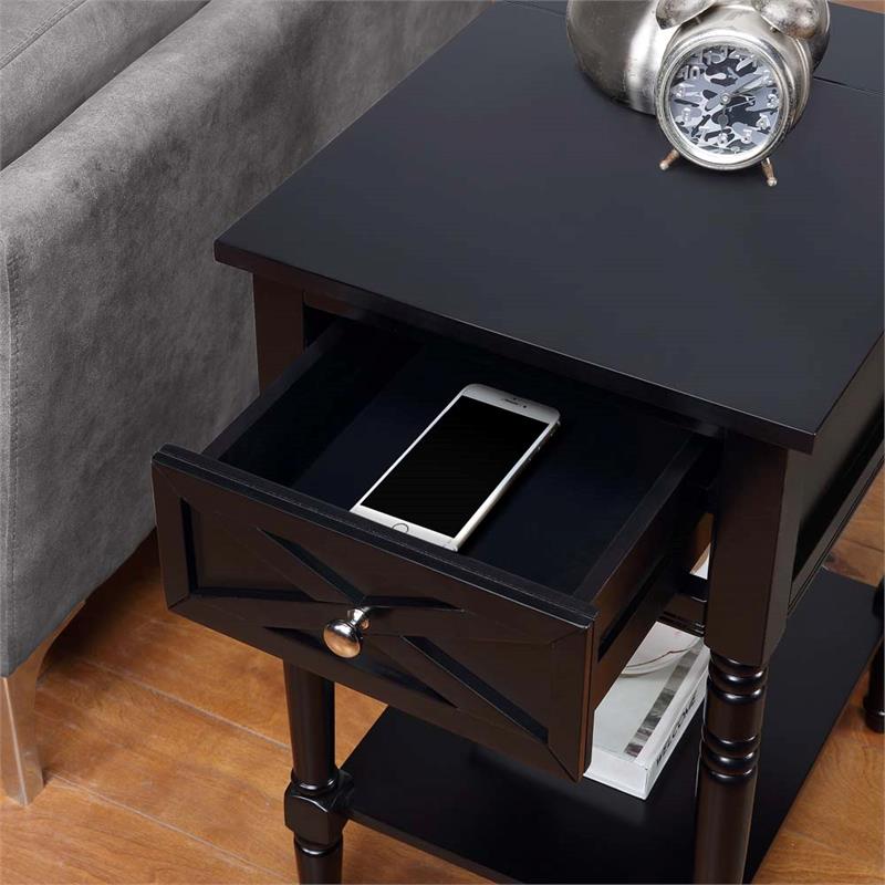 Country Oxford Square End Table with Charging Station in Black Wood Finish