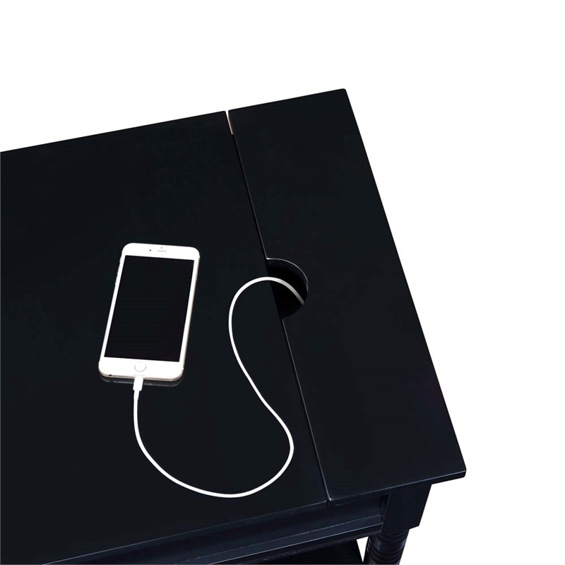 Country Oxford Square End Table with Charging Station in Black Wood Finish