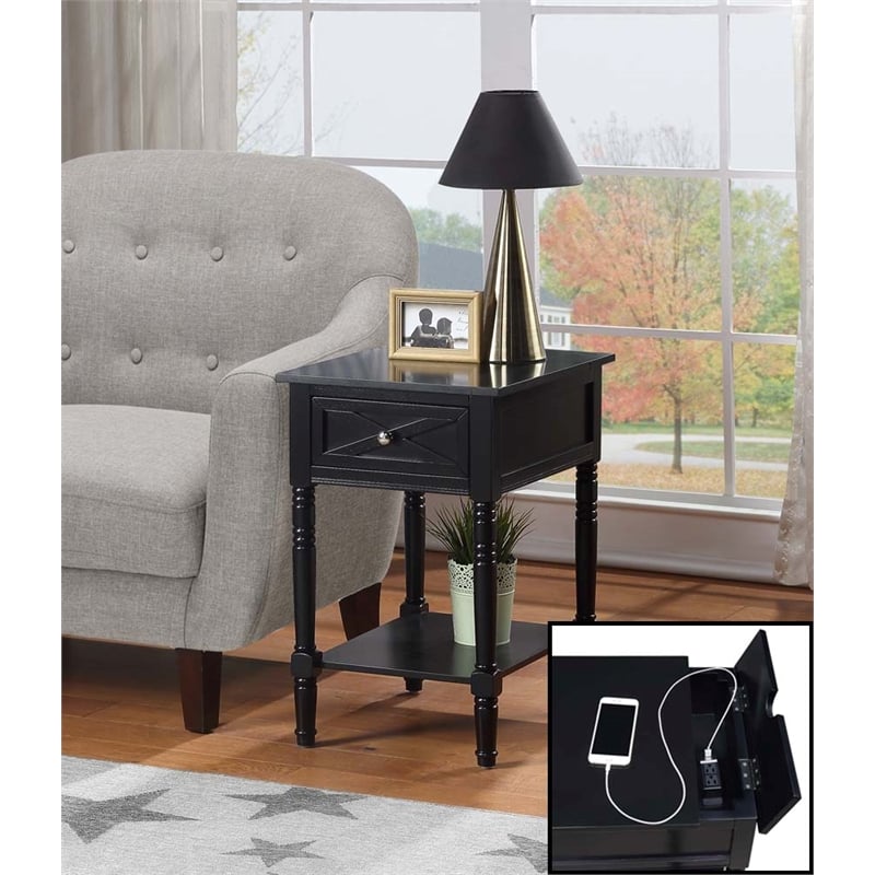 Country Oxford Square End Table with Charging Station in Black Wood