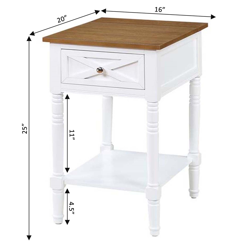 Country Oxford End Table with Charging Station in White and Caramel Wood Finish