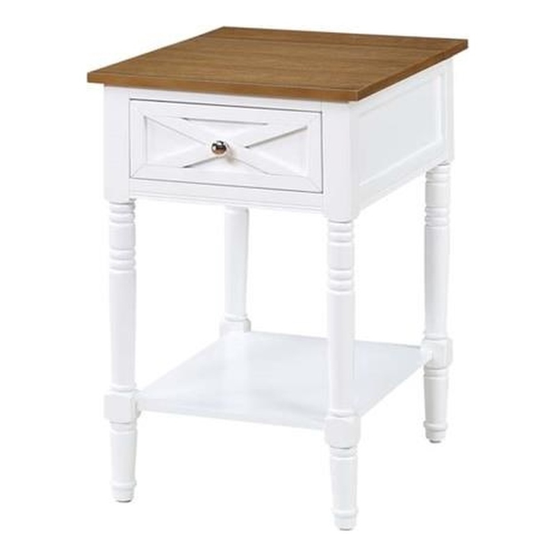 Country Oxford End Table with Charging Station in White and Caramel Wood Finish