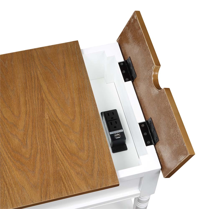 Country Oxford End Table with Charging Station in White and Caramel Wood Finish