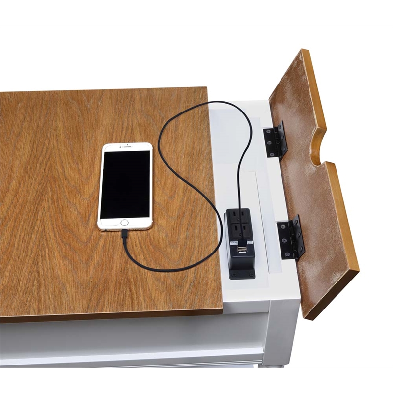 Country Oxford End Table with Charging Station in White and Caramel Wood Finish