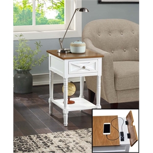 country oxford end table with charging station in white and caramel wood finish